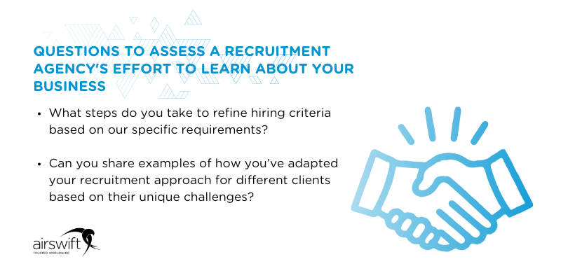 Graphic featuring questions on how top recruitment agencies tailor hiring criteria and adapt approaches to meet unique client requirements, emphasizing their deep understanding of a company’s business needs.